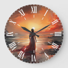 Reloj de pared arte de mujer en la playa del atard