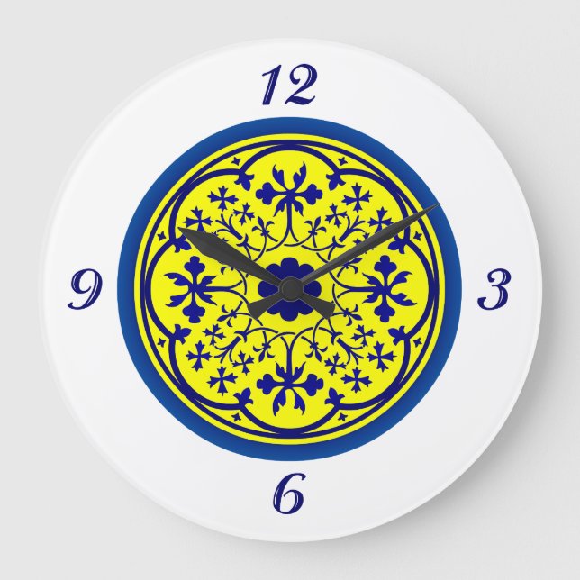 Reloj de pared azul blanco amarillo inspirado en D (Anverso)