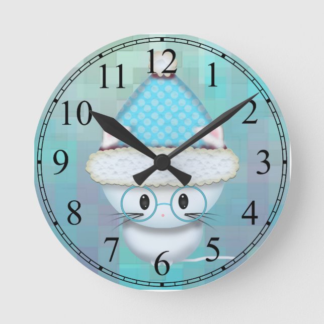 Reloj de pared azul claro con gatito blanco lindo (Anverso)