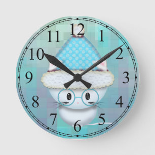 Reloj de pared azul claro con gatito blanco lindo