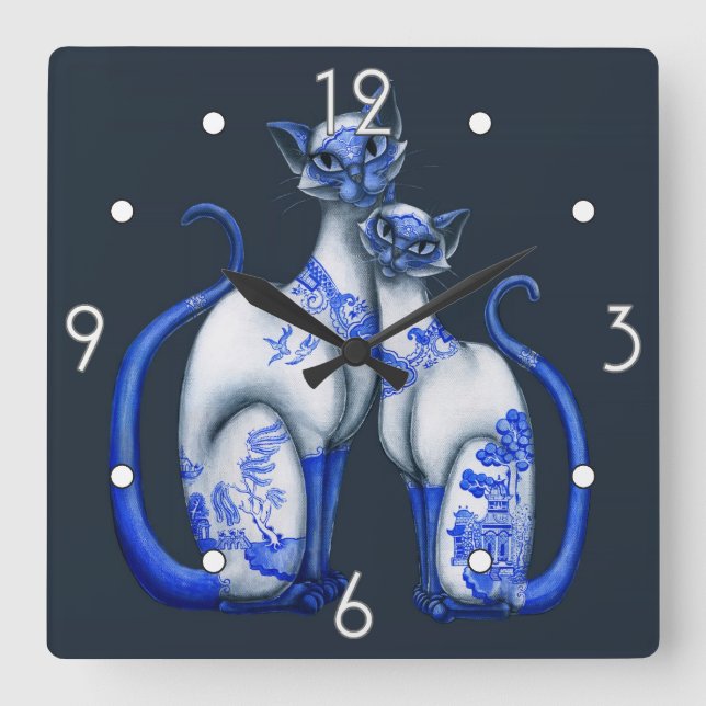 Reloj de pared azul de los gatos siameses del (Anverso)