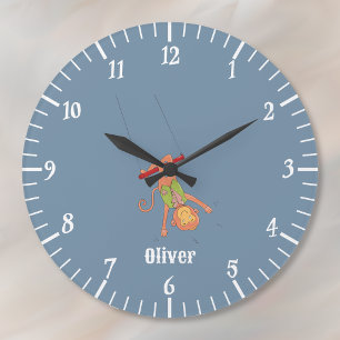 Reloj de pared azul del niño mono acróbata