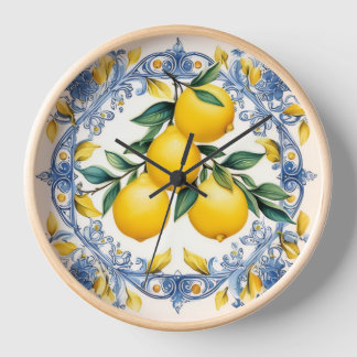 Reloj de pared azul y blanco de limón mediterráneo