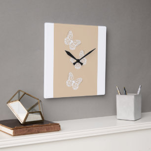 Reloj de pared beige Mariposa Blanca Elegante
