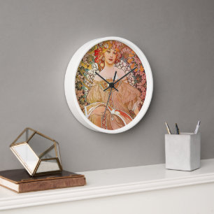 Reloj de pared blanco con marco de madera Art Nouv