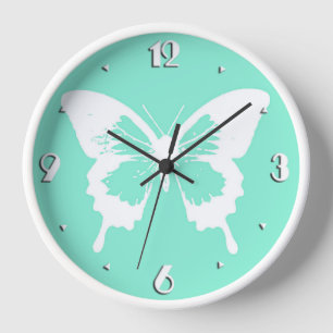 Reloj De Pared Boceto de mariposa, aqua y blanco