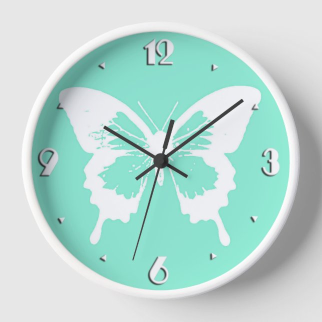 Reloj De Pared Boceto de mariposa, aqua y blanco (Anverso)