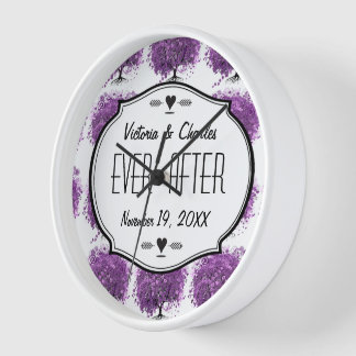 Reloj De Pared Boda de árbol de hojas de corazón púrpura radiante