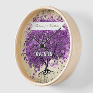 Reloj De Pared Boda del árbol de hoja de corazón púrpura radiante