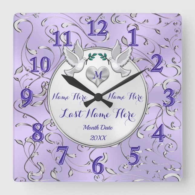 Reloj de pared Boda personalizado Lilac Silver bla (Anverso)