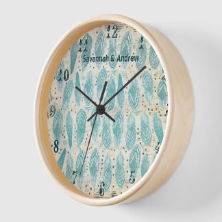 Reloj De Pared Boho Bohemio Desgastado Patrón de Pluma Azul Turqu