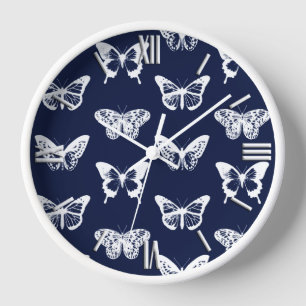 Reloj De Pared Butterfly sketch, navy blue and white