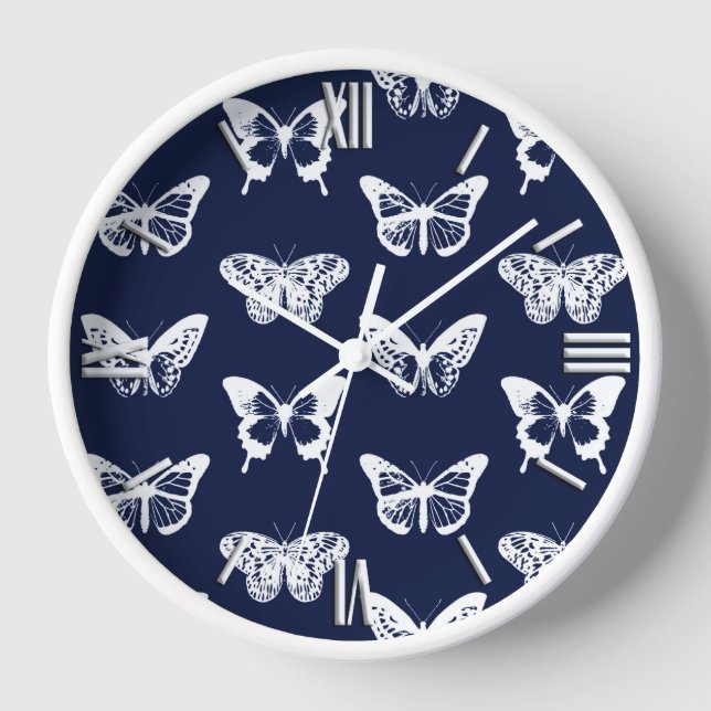 Reloj De Pared Butterfly sketch, navy blue and white (Anverso)