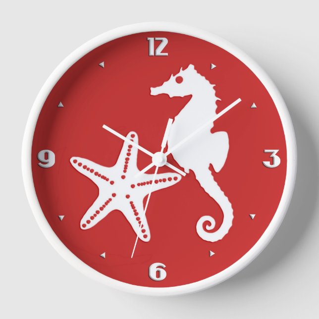 Reloj De Pared Caballo de mar y pez estrella - rojo y blanco de c (Anverso)
