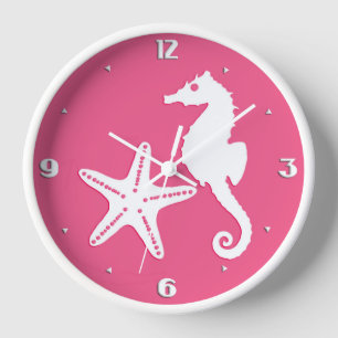 Reloj De Pared Caballo de mar y pez estrella: rosa de coral y bla