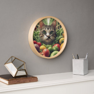 Reloj de pared caprichoso con diseño de gato y fru