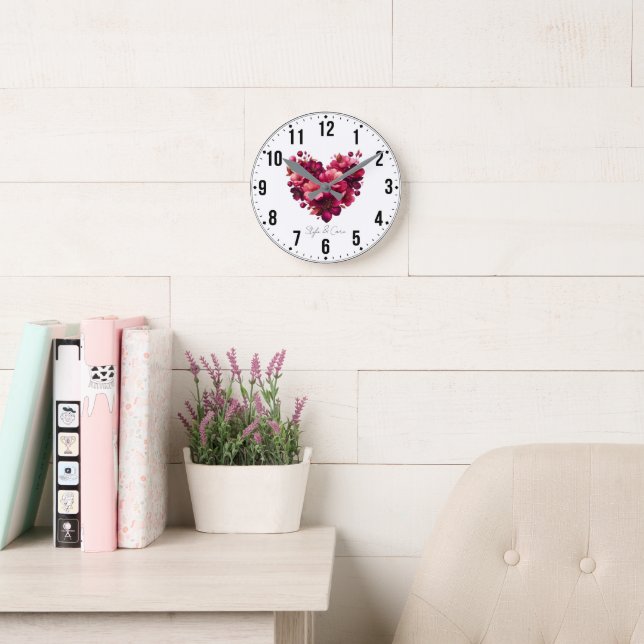 Reloj de pared cardíaca floral personalizado - Reg (Sala de lectura)