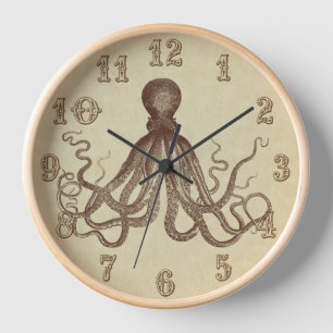 Reloj De Pared Casa de playa del pulpo de Brown del vintage