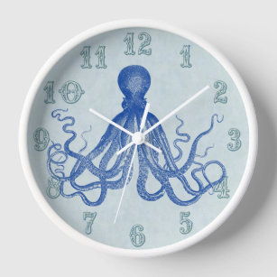 Reloj De Pared Casa de playa náutica de Octopus azul vintage