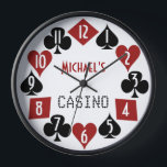 Reloj De Pared Casino de la sala de póquer con el nombre del Pers<br><div class="desc">Crea tu propia sala de póquer personalizado / reloj de pared del casino del club de póquer usando esta plantilla fresca y sencilla. Los números blancos de estilo art decó se reparten en trajes de cartas en rojo y negro (espadas, tréboles, corazones y diamantes). En el centro, puede agregar fácilmente...</div>