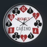 Reloj De Pared Casino de la sala de póquer con el nombre del Pers<br><div class="desc">Crea tu propia sala de póquer personalizado / reloj de pared del casino del club de póquer usando esta plantilla fresca y sencilla. Los números blancos de estilo art decó se reparten en trajes de cartas en rojo y negro (espadas, tréboles, corazones y diamantes). En el centro, puede agregar fácilmente...</div>