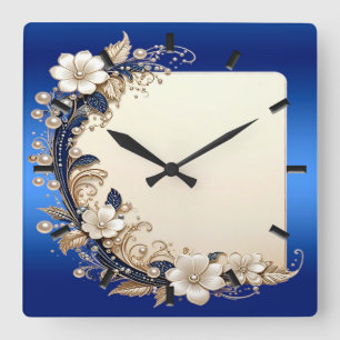 Reloj de pared con adorno floral blanco azul