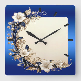 Reloj de pared con adorno floral blanco azul