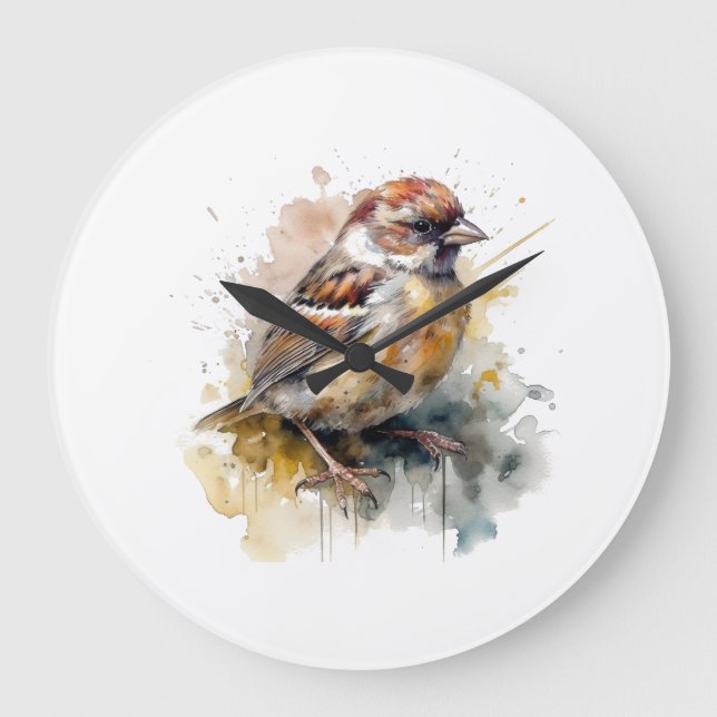 Reloj de pared con arte de gorrión acuarela rústic (Anverso)