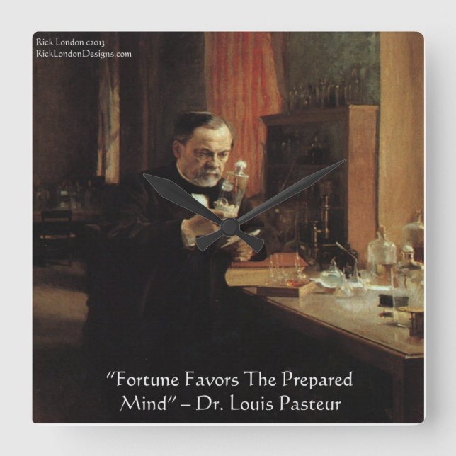 Reloj de pared con cita "Fortuna" de Louis Pasteur (Anverso)