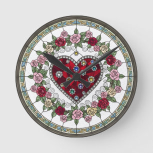 Reloj de pared con corazón y flores de falso vidri