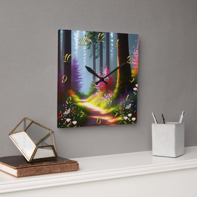 Reloj de pared con diseño de bosque y flores A1 (Oficina)