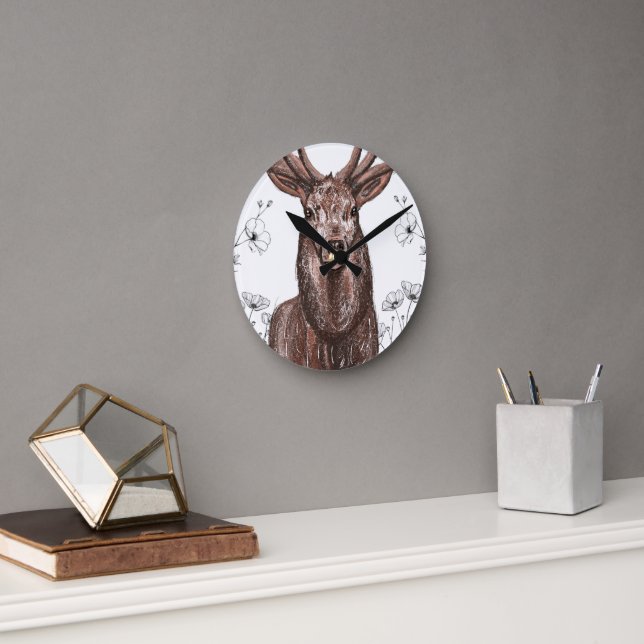 Reloj de pared con diseño de venado con flores. (Oficina)
