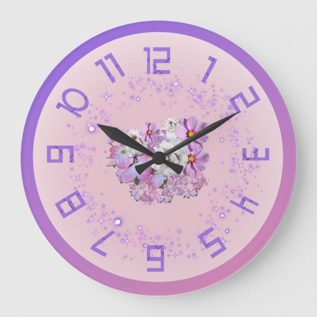 Reloj de pared con flores morado y rosa (Anverso)