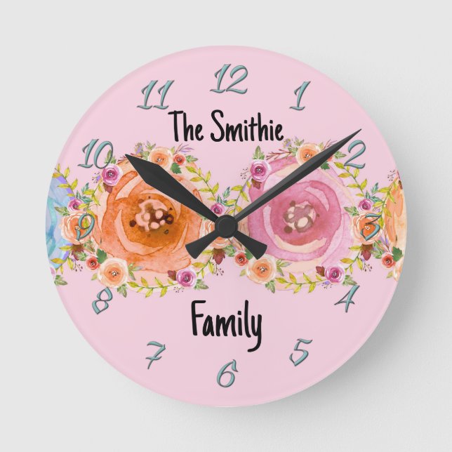 Reloj de pared con flores pastel en rosa (Anverso)