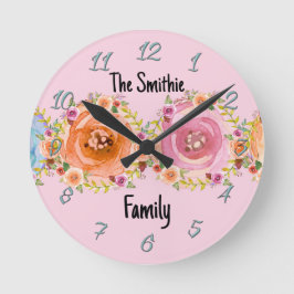 Reloj de pared con flores pasteles en rosa