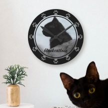 Reloj de pared con foto de gato negro mascota nomb