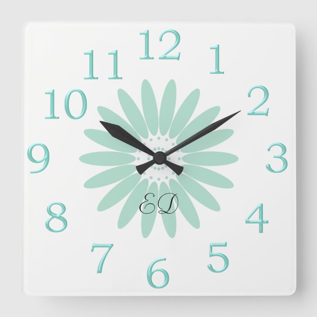 Reloj de pared con iniciales de amor floral menta  (Anverso)
