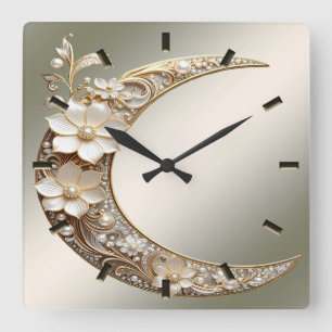 Reloj de pared con marco de luna creciente decorat