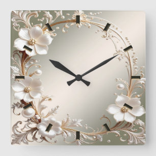 Reloj de pared con marco floral blanco ornamentado