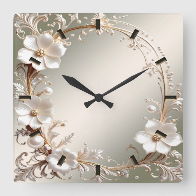 Reloj de pared con marco floral blanco ornamentado (Anverso)