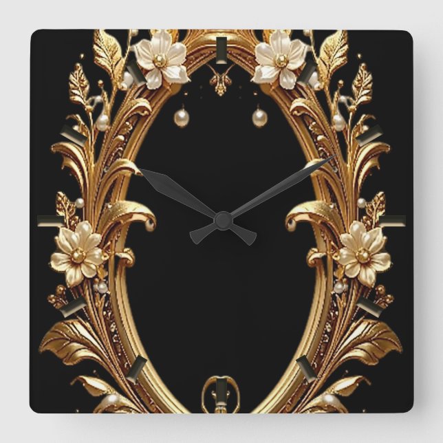 Reloj de pared con marco ornamentado floral dorado (Anverso)