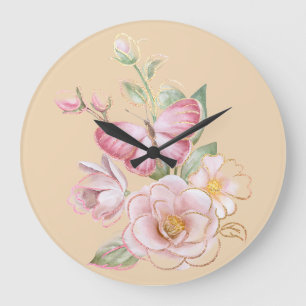 Reloj de pared con mariposa y flores rosadas