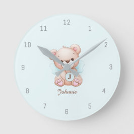 Reloj de pared con monograma de bebé Bear Blue Bab