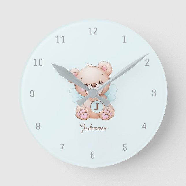 Reloj de pared con monograma y nombre de bebé Bear (Anverso)