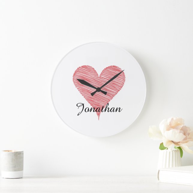 Reloj de pared con nombre y boceto de corazón rojo (Hogar)