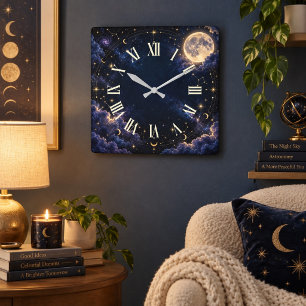 Reloj de pared con números romanos de luna y estre