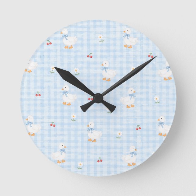 Reloj de pared con patito lindo y patrón de cuadro (Anverso)