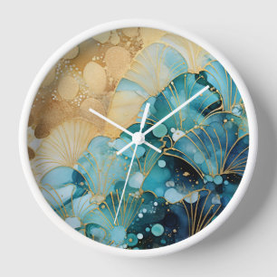 Reloj de pared con patrón abstracto en azul y oro