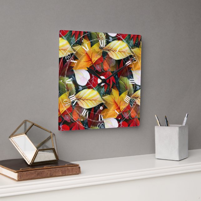 Reloj de pared con patrón de hojas de otoño (Oficina)