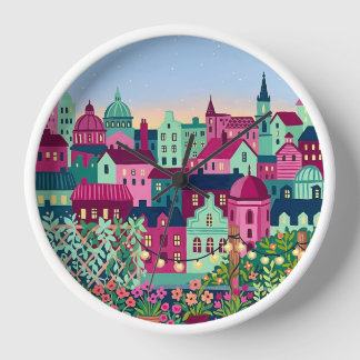 Reloj de pared con silueta de ciudad en fucsia y m